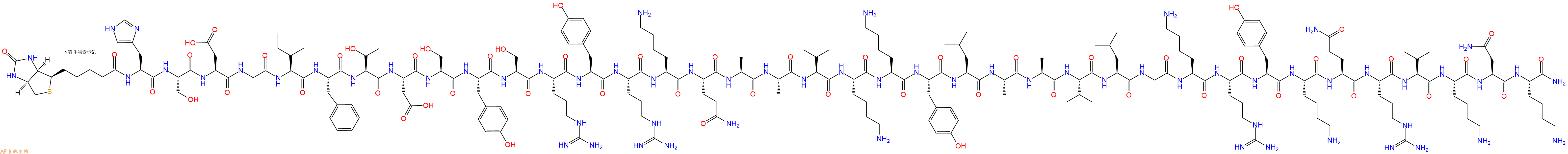 專肽生物產品Biotinyl-His-Ser-Asp-Gly-Ile-Phe-Thr-Asp-Ser-Tyr-Ser-Arg-Tyr-Arg-Lys-Gln-Ala-Ala-Val-Lys-Lys-Tyr-Leu-Ala-Ala-Val-Leu-Gly-Lys-Arg-Tyr-Lys-Gln-Arg-Val-Lys-Asn-Lys-NH2