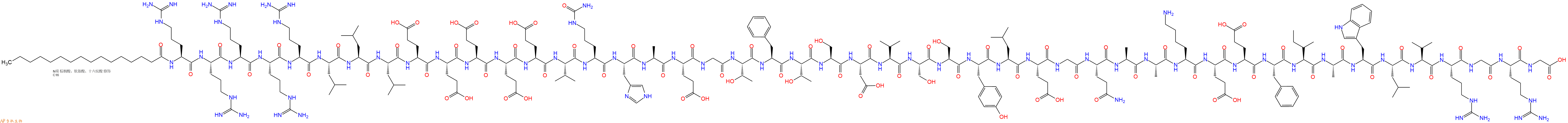 專(zhuān)肽生物產(chǎn)品Palmiticacid-Arg-Arg-Arg-Arg-Arg-Leu-Leu-Leu-Glu-Glu-Glu-Glu-Glu-Val-Cit-His-Ala-Glu-Gly-Thr-Phe-Thr-Ser-Asp-Val-Ser-Ser-Tyr-Leu-Glu-Gly-Gln-Ala-Ala-Lys-Glu-Glu-Phe-Ile-Ala-Trp-Leu-Val-Arg-Gly-Arg-Gly-OH