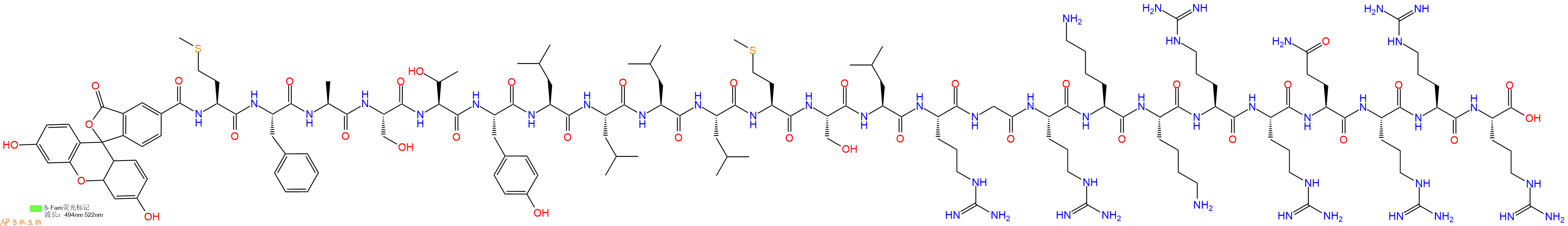 專肽生物產(chǎn)品5FAM-Met-Phe-Ala-Ser-Thr-Tyr-Leu-Leu-Leu-Leu-Met-Ser-Leu-Arg-Gly-Arg-Lys-Lys-Arg-Arg-Gln-Arg-Arg-Arg-OH