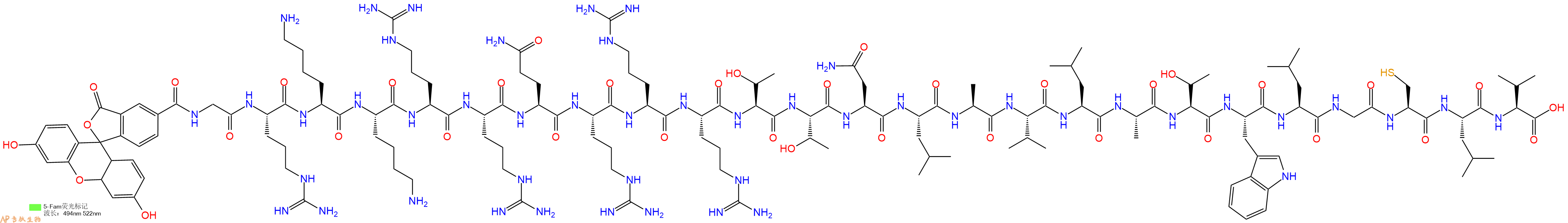 專肽生物產(chǎn)品5FAM-Gly-Arg-Lys-Lys-Arg-Arg-Gln-Arg-Arg-Arg-Thr-Thr-Asn-Leu-Ala-Val-Leu-Ala-Thr-Trp-Leu-Gly-Cys-Leu-Val-OH