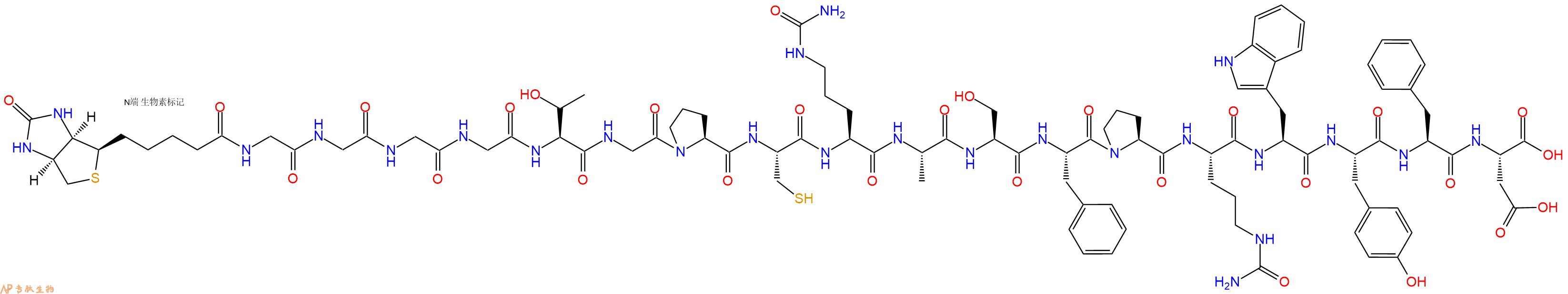 專肽生物產(chǎn)品Biotinyl-Gly-Gly-Gly-Gly-Thr-Gly-Pro-Cys-Cit-Ala-Ser-Phe-Pro-Cit-Trp-Tyr-Phe-Asp-OH