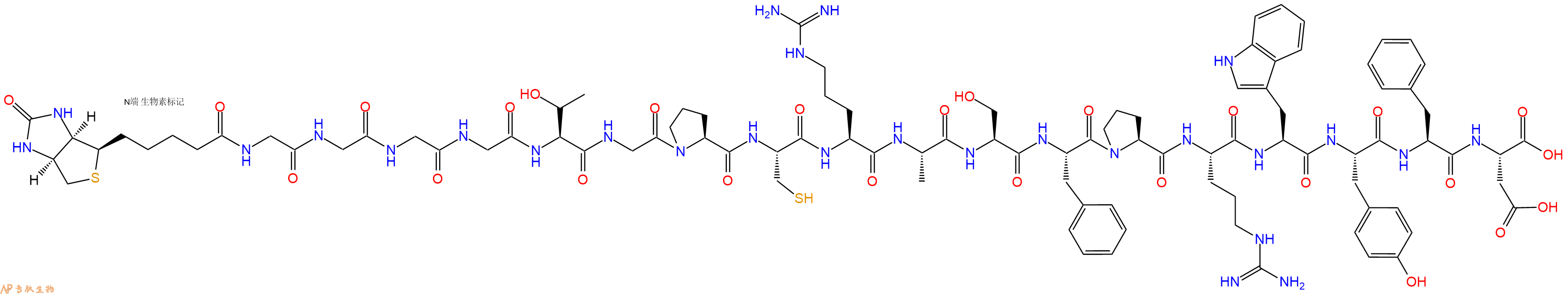 專肽生物產(chǎn)品Biotinyl-Gly-Gly-Gly-Gly-Thr-Gly-Pro-Cys-Arg-Ala-Ser-Phe-Pro-Arg-Trp-Tyr-Phe-Asp-OH