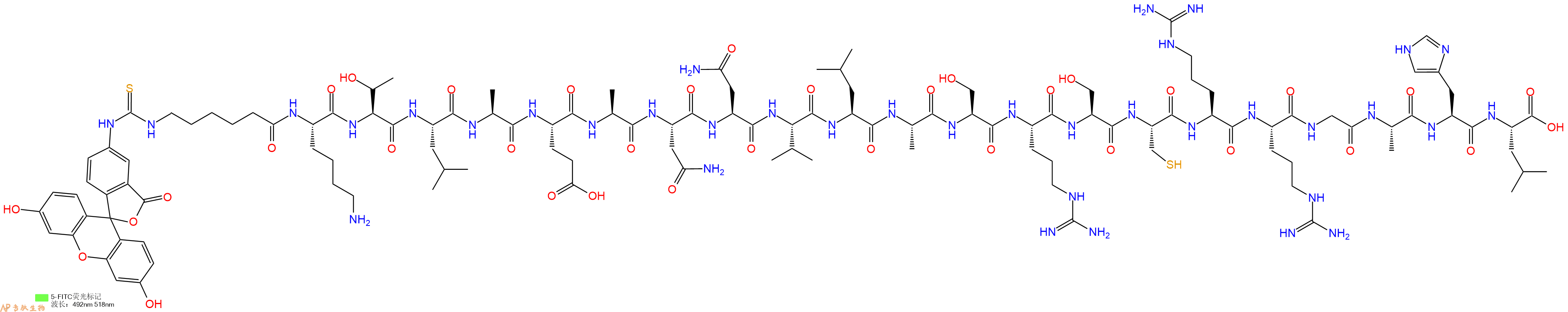 專肽生物產品5FITC-Ahx-Lys-Thr-Leu-Ala-Glu-Ala-Asn-Asn-Val-Leu-Ala-Ser-Arg-Ser-Cys-Arg-Arg-Gly-Ala-His-Leu-OH