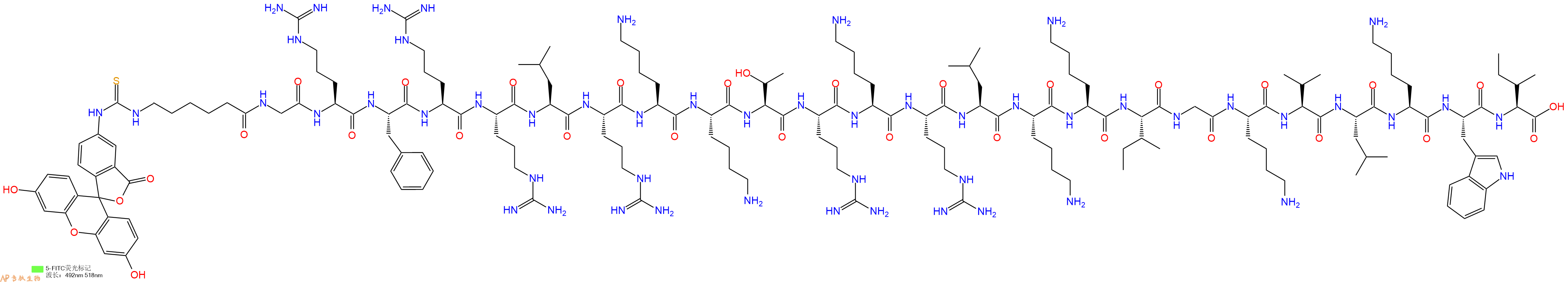 專肽生物產(chǎn)品5FITC-Ahx-Gly-Arg-Phe-Arg-Arg-Leu-Arg-Lys-Lys-Thr-Arg-Lys-Arg-Leu-Lys-Lys-Ile-Gly-Lys-Val-Leu-Lys-Trp-Ile-OH