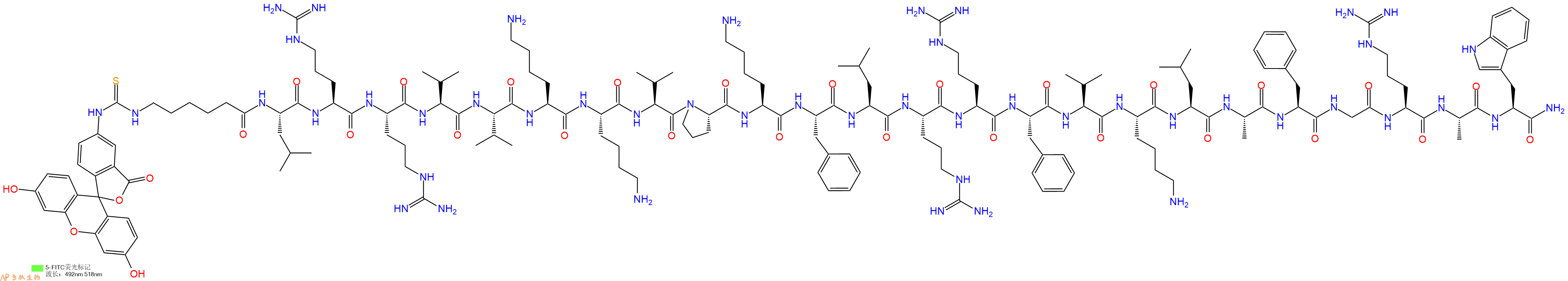 專肽生物產(chǎn)品5FITC-Ahx-Leu-Arg-Arg-Val-Val-Lys-Lys-Val-Pro-Lys-Phe-Leu-Arg-Arg-Phe-Val-Lys-Leu-Ala-Phe-Gly-Arg-Ala-Trp-NH2