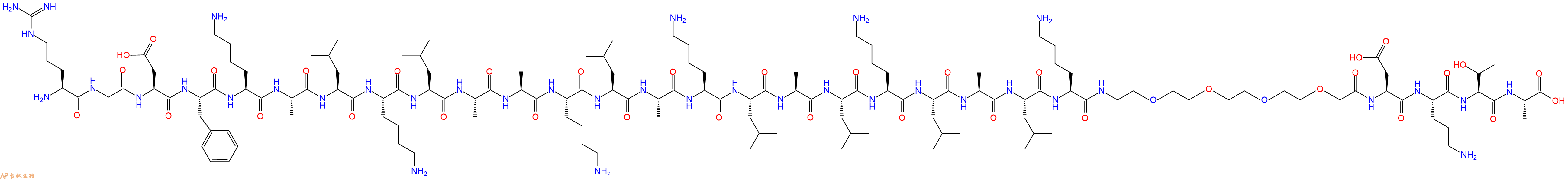 專肽生物產(chǎn)品Arg-Gly-Asp-Phe-Lys-Ala-Leu-Lys-Leu-Ala-Ala-Lys-Leu-Ala-Lys-Leu-Ala-Leu-Lys-Leu-Ala-Leu-Lys-PEG4-Asp-Orn-Thr-Ala