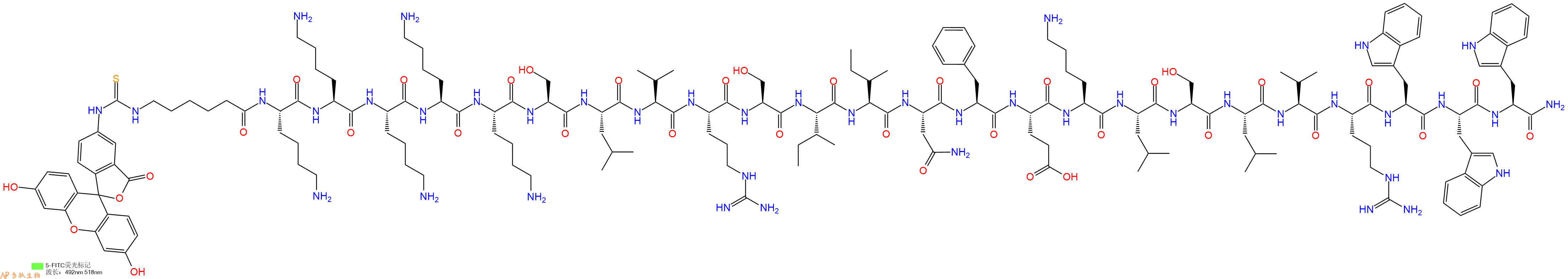 專肽生物產(chǎn)品5FITC-Ahx-Lys-Lys-Lys-Lys-Lys-Ser-Leu-Val-Arg-Ser-Ile-Ile-Asn-Phe-Glu-Lys-Leu-Ser-Leu-Val-Arg-Trp-Trp-Trp-NH2