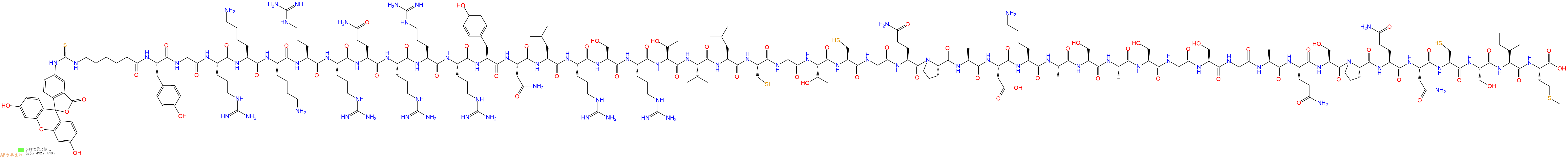 專肽生物產(chǎn)品5FITC-Ahx-Tyr-Gly-Arg-Lys-Lys-Arg-Arg-Gln-Arg-Arg-Arg-Tyr-Asn-Leu-Arg-Ser-Arg-Thr-Val-Leu-Cys-Gly-Thr-Cys-Gly-Gln-Pro-Ala-Asp-Lys-Ala-Ser-Ala-Ser-Gly-Ser-Gly-Ala-Gln-Ser-Pro-Gln-Asn-Cys-Ser-Ile-Met-OH