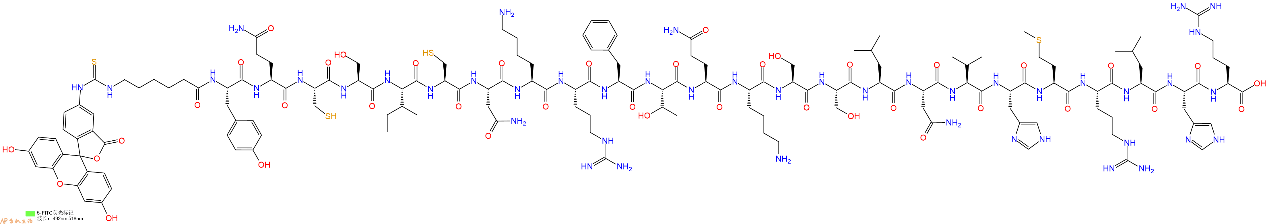 專肽生物產(chǎn)品5FITC-Ahx-Tyr-Gln-Cys-Ser-Ile-Cys-Asn-Lys-Arg-Phe-Thr-Gln-Lys-Ser-Ser-Leu-Asn-Val-His-Met-Arg-Leu-His-Arg-OH