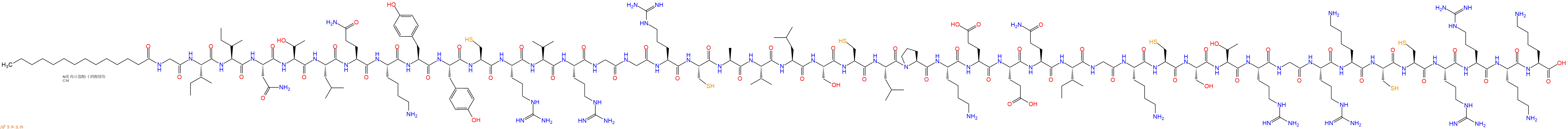 專肽生物產(chǎn)品Myristicacid-Gly-Ile-Ile-Asn-Thr-Leu-Gln-Lys-Tyr-Tyr-Cys-Arg-Val-Arg-Gly-Gly-Arg-Cys-Ala-Val-Leu-Ser-Cys-Leu-Pro-Lys-Glu-Glu-Gln-Ile-Gly-Lys-Cys-Ser-Thr-Arg-Gly-Arg-Lys-Cys-Cys-Arg-Arg-Lys-Lys-OH