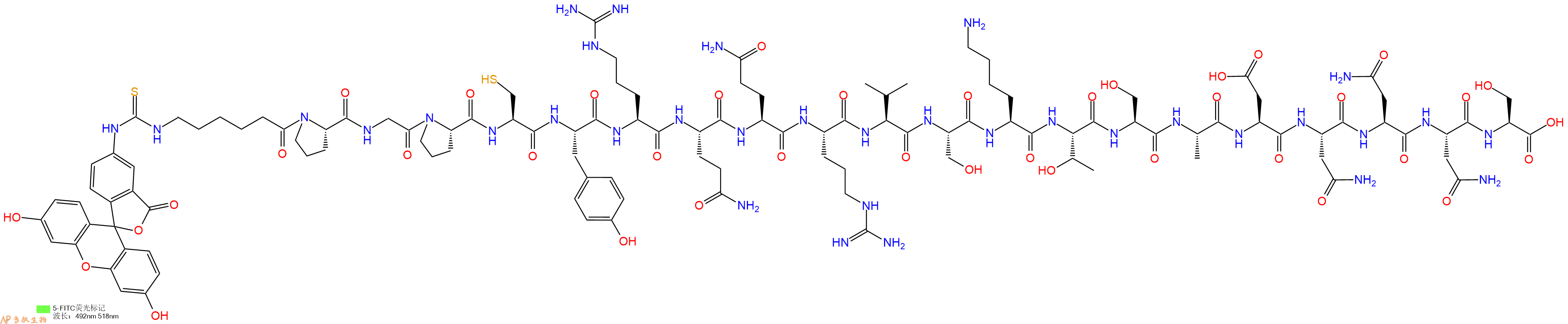 專肽生物產(chǎn)品5FITC-Ahx-Pro-Gly-Pro-Cys-Tyr-Arg-Gln-Gln-Arg-Val-Ser-Lys-Thr-Ser-Ala-Asp-Asn-Asn-Asn-Ser-OH