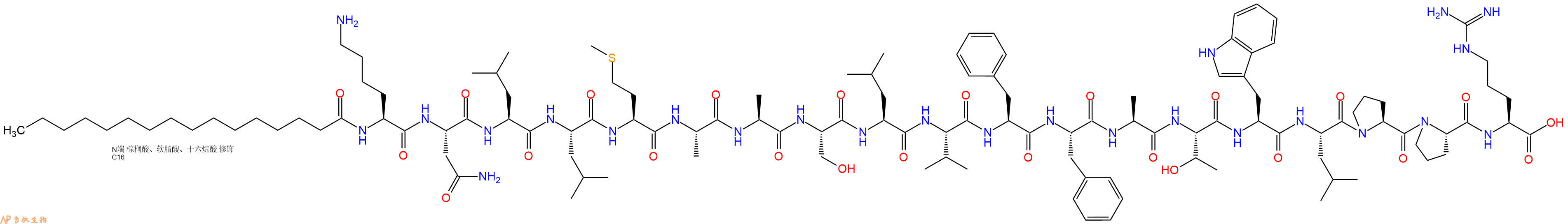 專肽生物產(chǎn)品Palmiticacid-Lys-Asn-Leu-Leu-Met-Ala-Ala-Ser-Leu-Val-Phe-Phe-Ala-Thr-Trp-Leu-Pro-Pro-Arg-OH