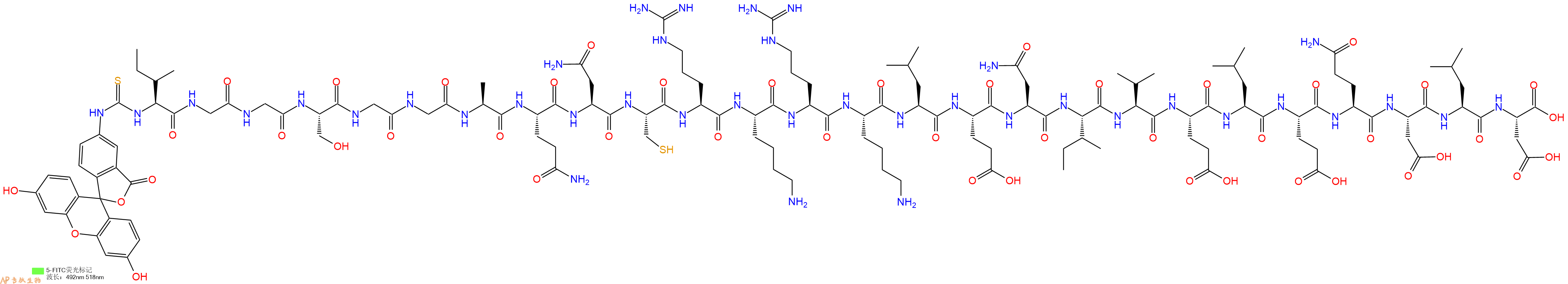 專肽生物產(chǎn)品5FITC-Ile-Gly-Gly-Ser-Gly-Gly-Ala-Gln-Asn-Cys-Arg-Lys-Arg-Lys-Leu-Glu-Asn-Ile-Val-Glu-Leu-Glu-Gln-Asp-Leu-Asp-OH