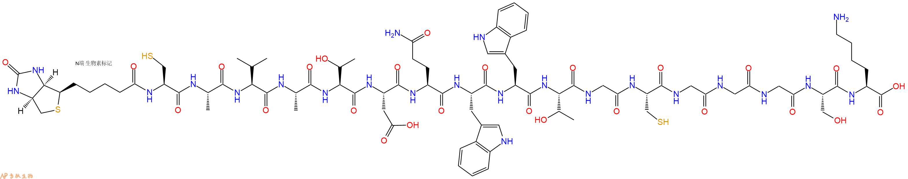 專肽生物產(chǎn)品Biotinyl-Cys-Ala-Val-Ala-Thr-Asp-Gln-Trp-Trp-Thr-Gly-Cys-Gly-Gly-Gly-Ser-Lys-OH