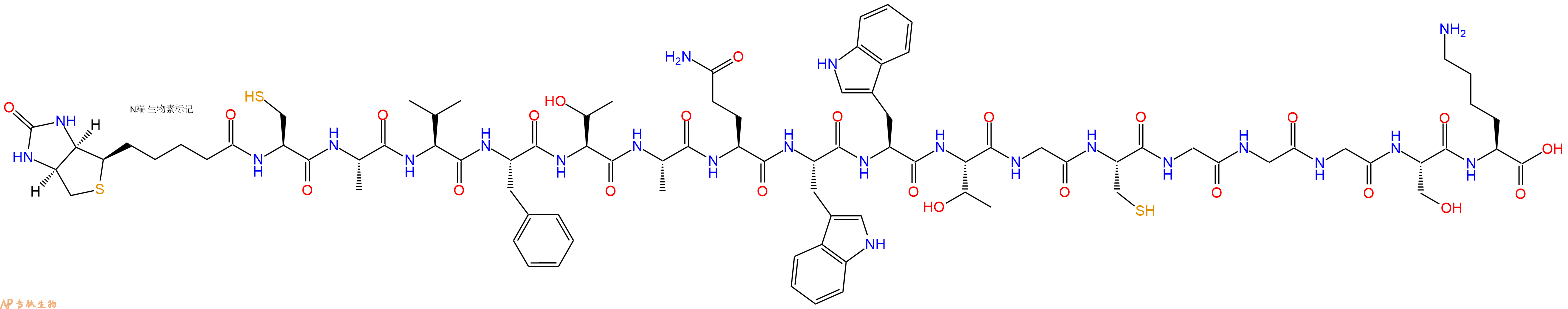 專肽生物產(chǎn)品Biotinyl-Cys-Ala-Val-Phe-Thr-Ala-Gln-Trp-Trp-Thr-Gly-Cys-Gly-Gly-Gly-Ser-Lys-OH