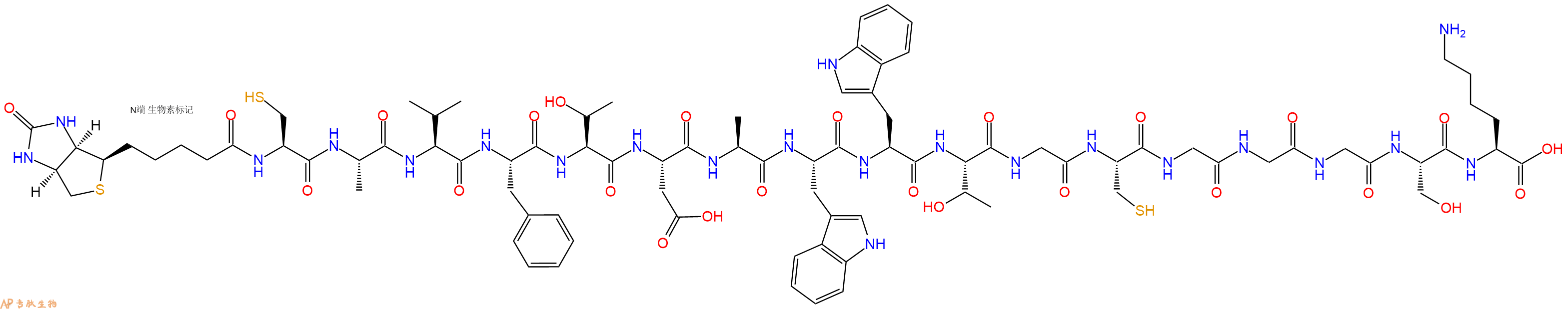 專肽生物產(chǎn)品Biotinyl-Cys-Ala-Val-Phe-Thr-Asp-Ala-Trp-Trp-Thr-Gly-Cys-Gly-Gly-Gly-Ser-Lys-OH