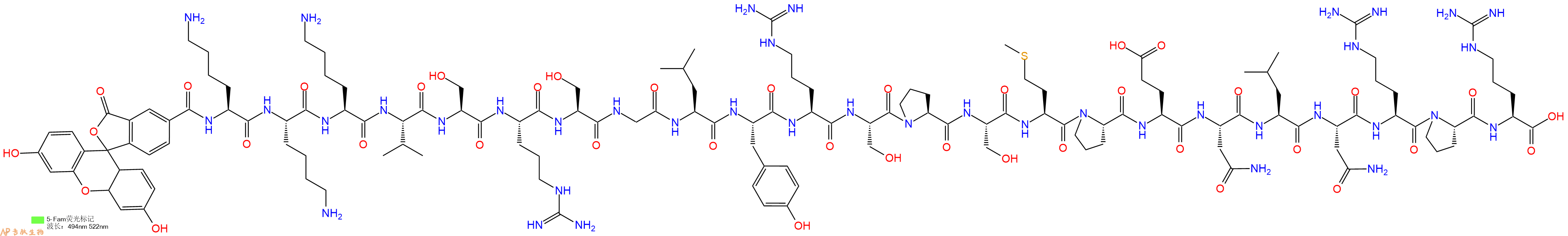 專肽生物產(chǎn)品5FAM-Lys-Lys-Lys-Val-Ser-Arg-Ser-Gly-Leu-Tyr-Arg-Ser-Pro-Ser-Met-Pro-Glu-Asn-Leu-Asn-Arg-Pro-Arg-OH