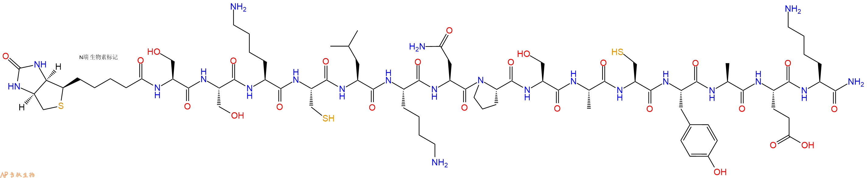 專肽生物產(chǎn)品Biotinyl-Ser-Ser-Lys-Cys-Leu-Lys-Asn-Pro-Ser-Ala-Cys-Tyr-Ala-Glu-Lys-CONH2