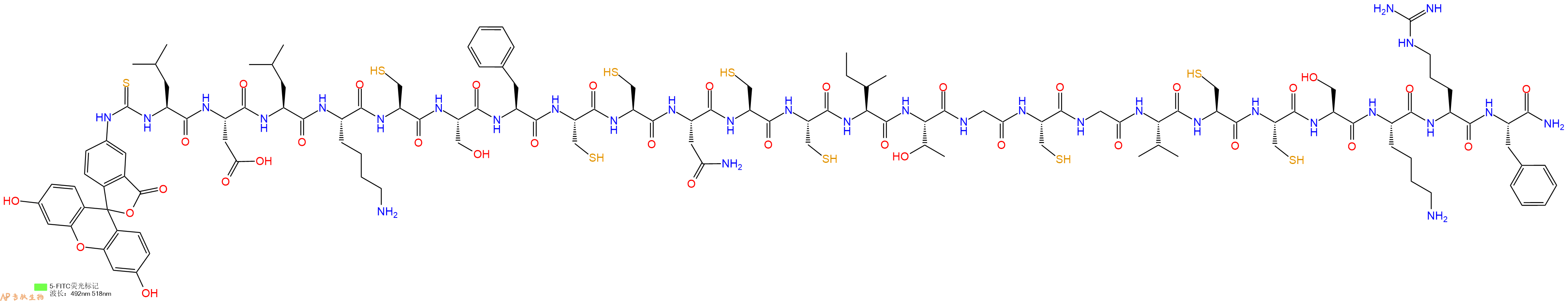 專肽生物產(chǎn)品5FITC-Leu-Asp-Leu-Lys-Cys-Ser-Phe-Cys-Cys-Asn-Cys-Cys-Ile-Thr-Gly-Cys-Gly-Val-Cys-Cys-Ser-Lys-Arg-Phe-CONH2