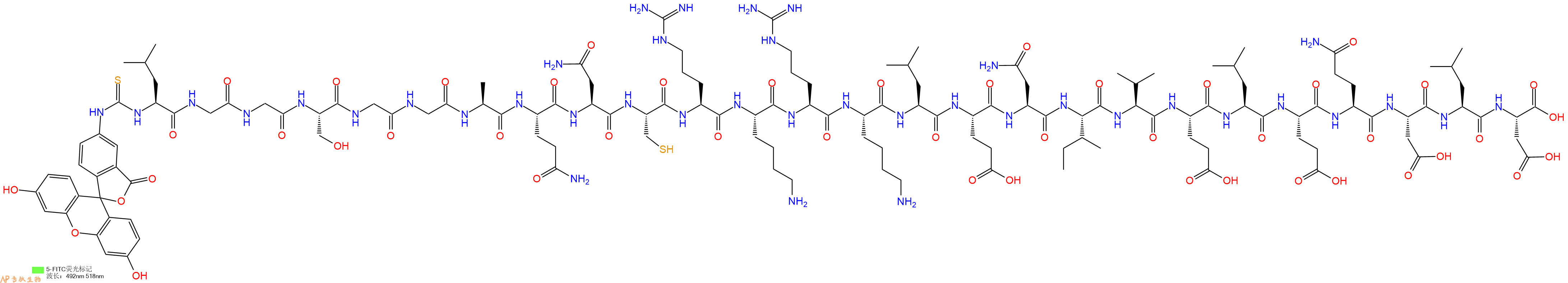 專肽生物產(chǎn)品5FITC-Leu-Gly-Gly-Ser-Gly-Gly-Ala-Gln-Asn-Cys-Arg-Lys-Arg-Lys-Leu-Glu-Asn-Ile-Val-Glu-Leu-Glu-Gln-Asp-Leu-Asp-OH