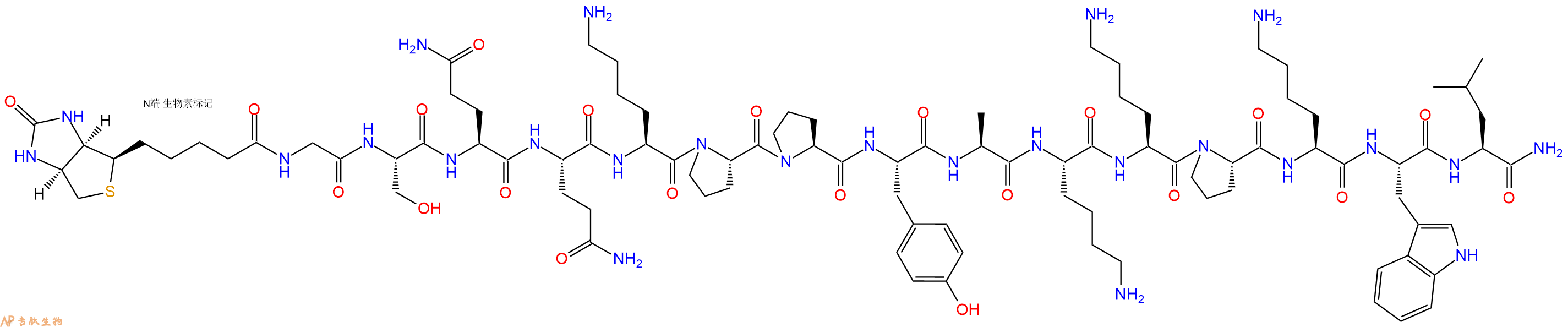 專肽生物產(chǎn)品Biotinyl-Gly-Ser-Gln-Gln-Lys-Pro-Pro-Tyr-Ala-Lys-Lys-Pro-Lys-Trp-Leu-CONH2