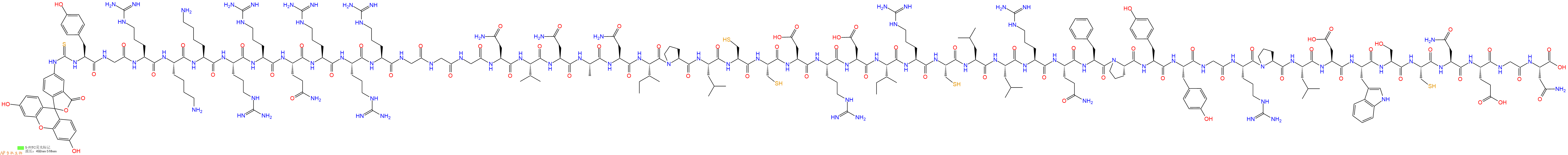 專肽生物產(chǎn)品5FITC-Tyr-Gly-Arg-Lys-Lys-Arg-Arg-Gln-Arg-Arg-Arg-Gly-Gly-Gly-Asn-Val-Asn-Ala-Asn-Ile-Pro-Leu-Cys-Cys-Asp-Arg-Asp-Ile-Arg-Cys-Leu-Leu-Arg-Gln-Phe-Pro-Tyr-Tyr-Gly-Arg-Pro-Leu-Asp-Trp-Ser-Cys-Asn-Glu-Gly-Asn-OH