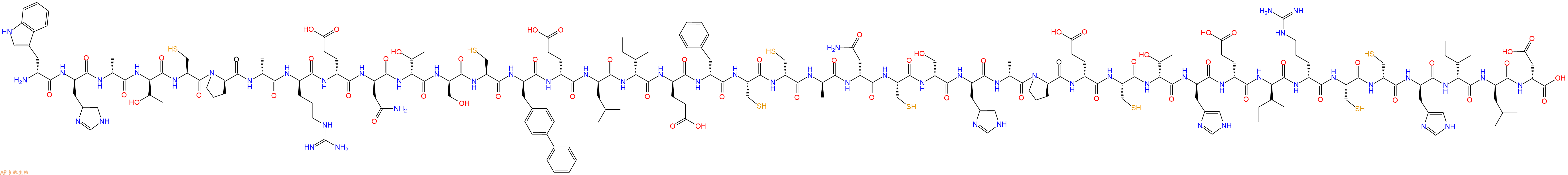 專肽生物產(chǎn)品H2N-DTrp-DHis-DAla-DThr-Cys-DPro-DAla-DArg-DGlu-DAsn-DThr-DSer-Cys-DBip-DGlu-DLeu-DIle-DGlu-DPhe-Cys-DCys-DAla-DAsn-Cys-DSer-DHis-DAla-DPro-DGlu-Cys-DThr-DHis-DGlu-DIle-DArg-Cys-DCys-DHis-DIle-DLeu-DAsp-OH