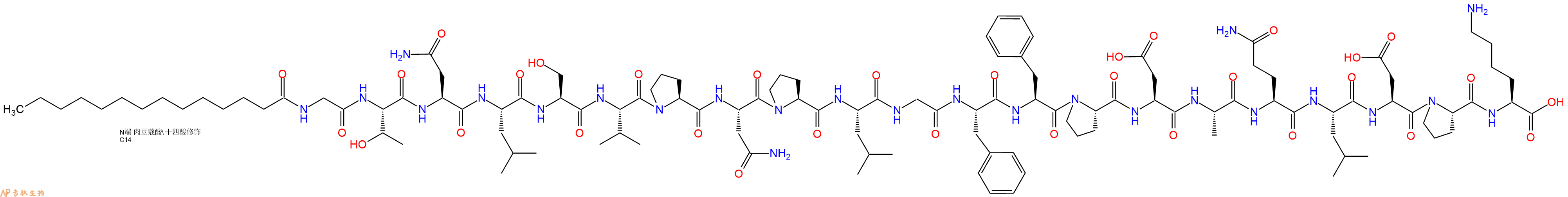 專肽生物產(chǎn)品Myristicacid-Gly-Thr-Asn-Leu-Ser-Val-Pro-Asn-Pro-Leu-Gly-Phe-Phe-Pro-Asp-Ala-Gln-Leu-Asp-Pro-Lys-OH