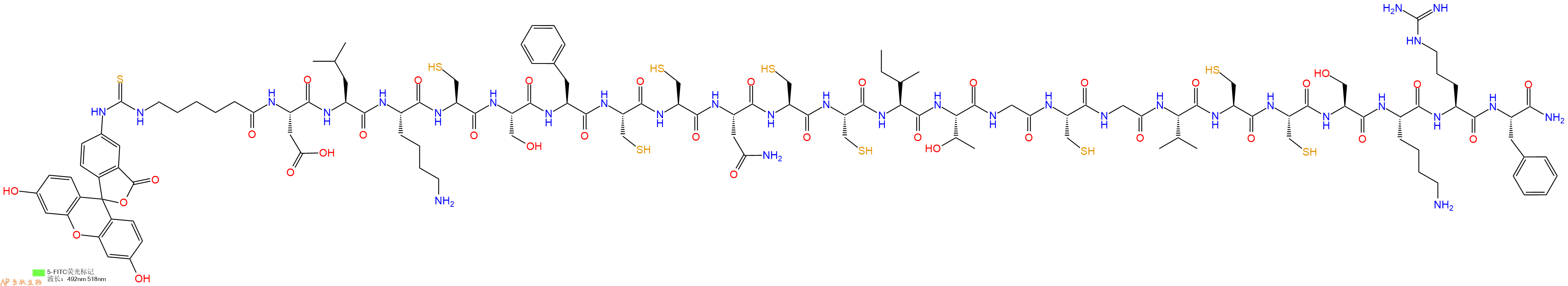 專肽生物產(chǎn)品5FITC-Ahx-Asp-Leu-Lys-Cys-Ser-Phe-Cys-Cys-Asn-Cys-Cys-Ile-Thr-Gly-Cys-Gly-Val-Cys-Cys-Ser-Lys-Arg-Phe-CONH2